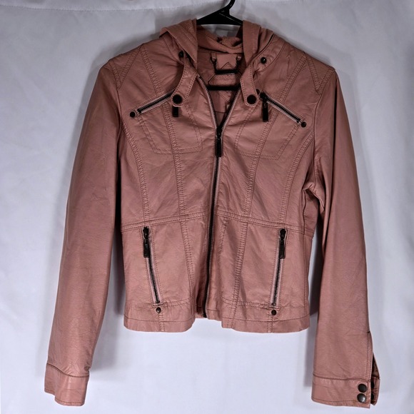 JouJou Faux Leather Moto Jacket Hooded Zip Up Pockets Pink Womens Biker Elegance - Picture 1 of 10